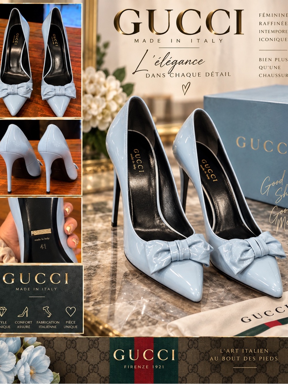 Gucci Light Blue Patent Leather Bow Pointed-Toe Stiletto Pumps